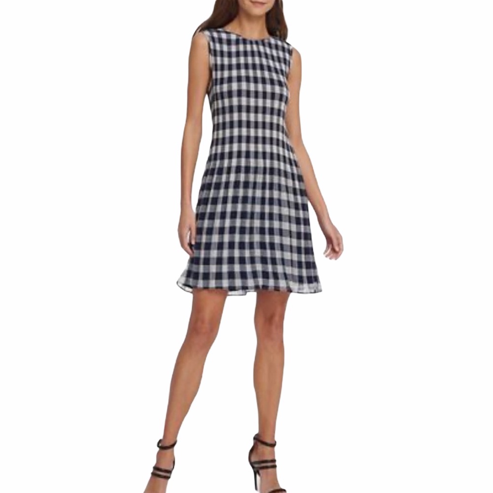 DKNY Gingham Pleated Chiffon Shift Dress Navy Sz 4